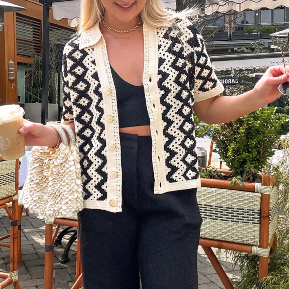Black and White Crochet Button Closure Top